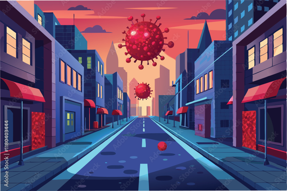Poster an empty city street with glowing red hmpv virus particles floating above symbolizing the impact of 