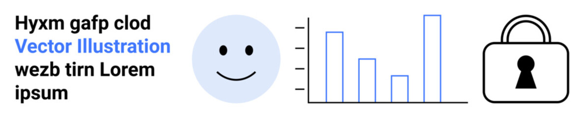 happy face beside bar chart and padlock. Elements together signify protection, data analysis, happiness. Ideal for data privacy, user experience, security, analytics, digital safety online