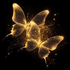 Plano de fundo com borboletas douradasl e uminosas, muita magia com luz brilhante, gliter sobre fundo preto