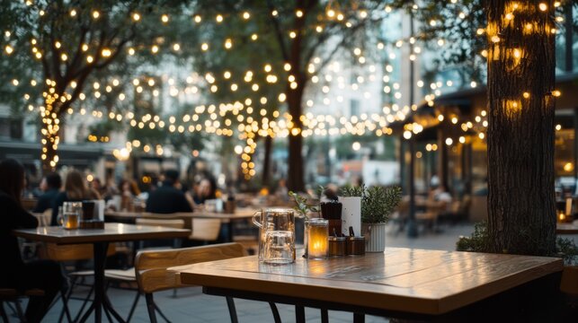 A lively outdoor bistro scene comes alive with string lights, animated conversations, and a warm, inviting atmosphere in the urban night.
