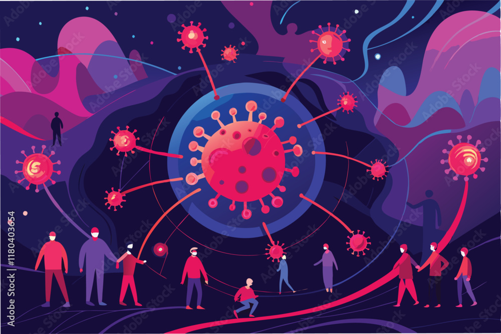 Poster an artistic representation of the hantahmpv virus spreading through airborne particles with glowing 