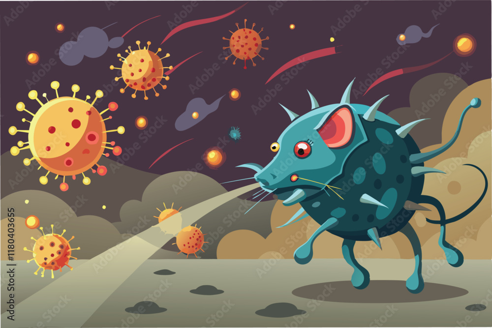 Poster An artistic representation of the Hantahmpv virus spreading through airborne particles with glowing hmpv virus shapes blending into dusty background clipart vector