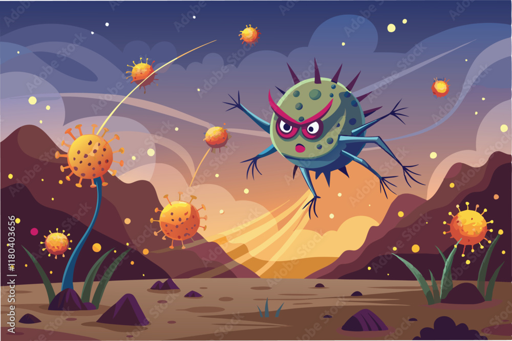 Aufkleber An artistic representation of the Hantahmpv virus spreading through airborne particles with glowing hmpv virus shapes blending into dusty background clipart vector