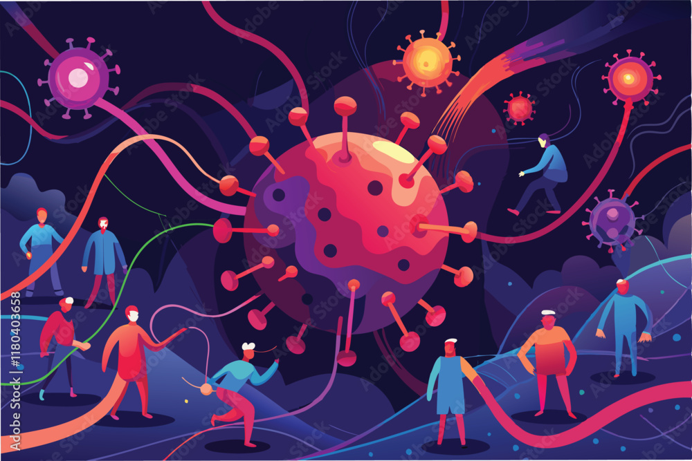 Aufkleber An artistic representation of the Hantahmpv virus spreading through airborne particles with glowing hmpv virus shapes blending into dusty background clipart vector
