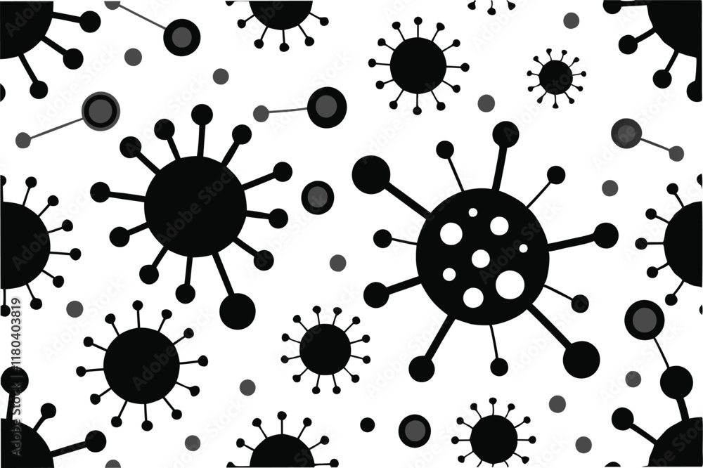 Poster minimalist black and white pattern of hmpv virus shapes and molecular structures ideal for sleek modern background design clipart vector