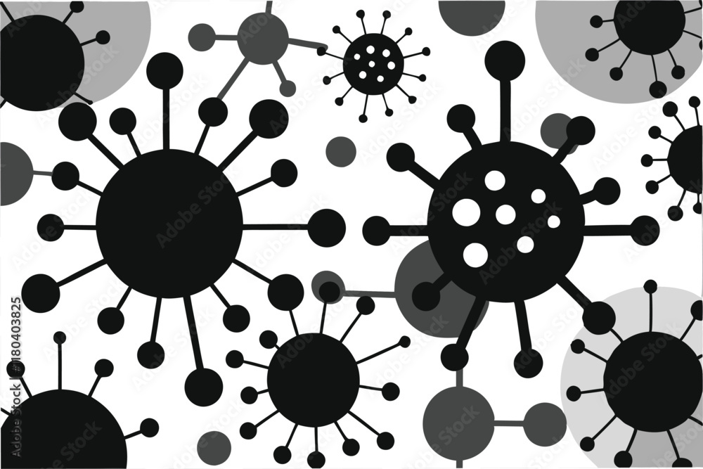 Poster minimalist black and white pattern of hmpv virus shapes and molecular structures ideal for sleek modern background design clipart vector
