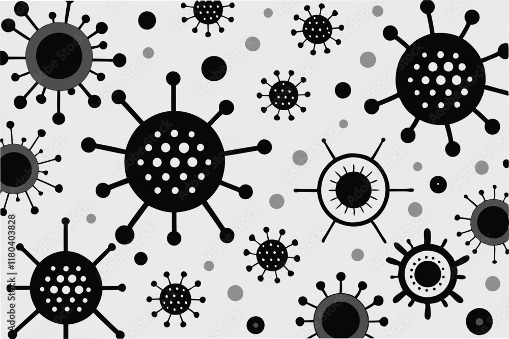 Poster minimalist black and white pattern of hmpv virus shapes and molecular structures ideal for sleek modern background design clipart vector