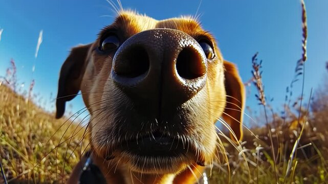 Wide close up of a dogs nose as he sniffs something on a sunny day in a grassy park.
