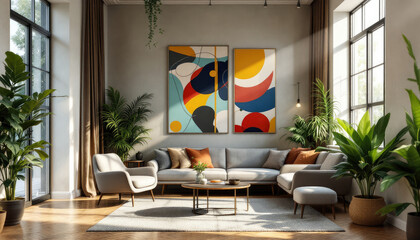 Modern art deco interior living room with large windows, a gray sofa, two armchairs, and a coffee table.