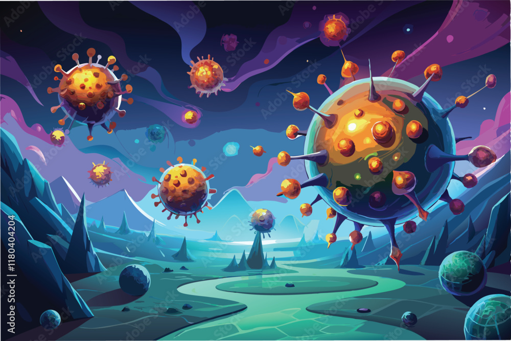 Poster hyper realistic depiction of hmpv virus particles floating in glowing plasmenvironment with an otherworldly feel clipart vector