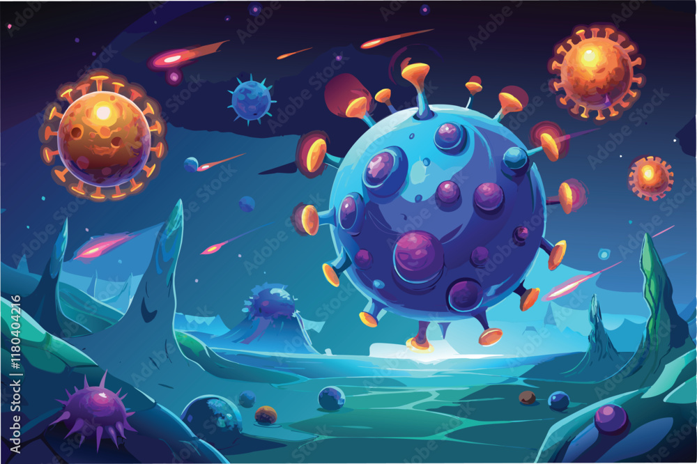 Poster hyper realistic depiction of hmpv virus particles floating in glowing plasmenvironment with an otherworldly feel clipart vector