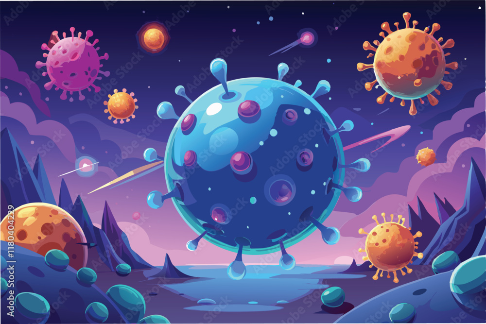Poster hyper realistic depiction of hmpv virus particles floating in glowing plasmenvironment with an otherworldly feel clipart vector