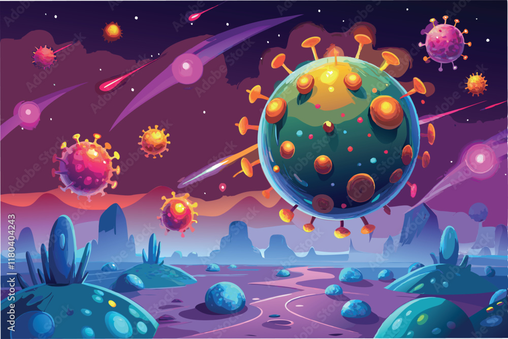 Poster hyper realistic depiction of hmpv virus particles floating in glowing plasmenvironment with an otherworldly feel clipart vector