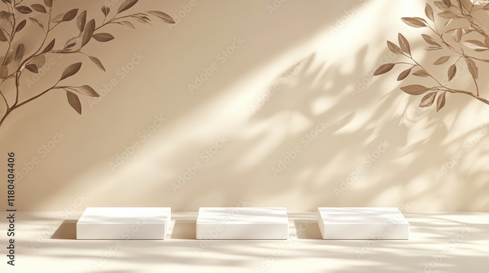 Poster minimalist product display with botanical shadows and three white platforms