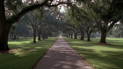 Fototapeta premium A tranquil road lined with majestic trees, dappled sunlight creating a path into nature's serene embrace.