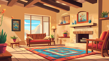 Fototapeta premium Rustic southwestern living room decor with wooden furniture. Solarchime. Illustration