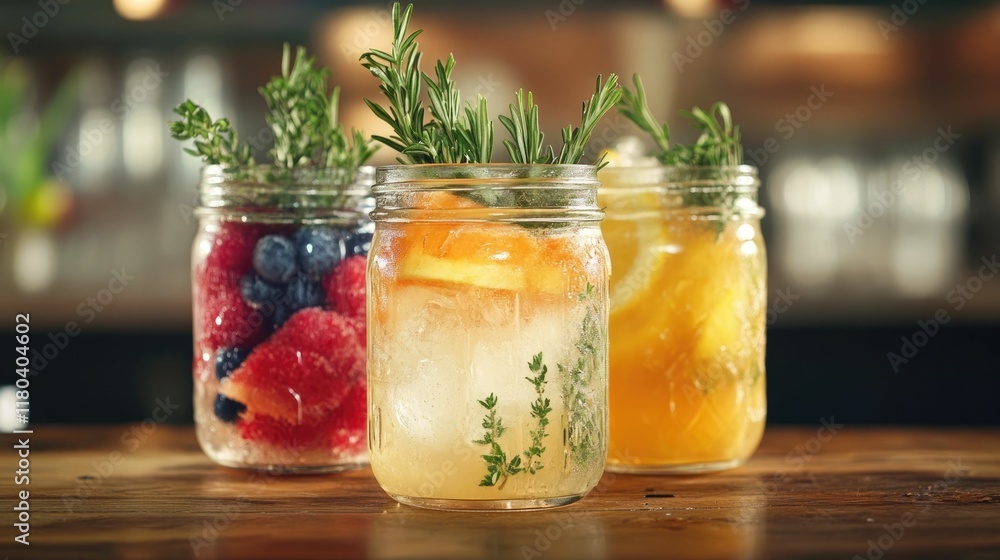 Poster refreshing iced drinks served in rustic mason jars garnished with an array of fresh vibrant fruits a