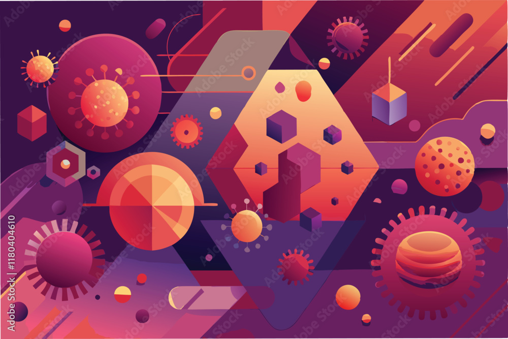 Aufkleber graphical abstract background with geometric shapes and layers of hmpv virus icons blended with gradient shades of red orange and purple clipart vector