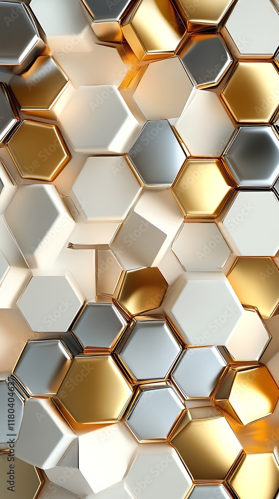 Poster golden and white hexagonal shapes on a geometric background with abstract and modern design elements