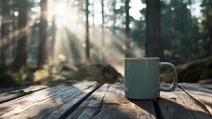 Fototapeta premium Sunlight breaks through forest trees, illuminating a solitary mug on a rustic wooden table, creating a serene connection with nature.