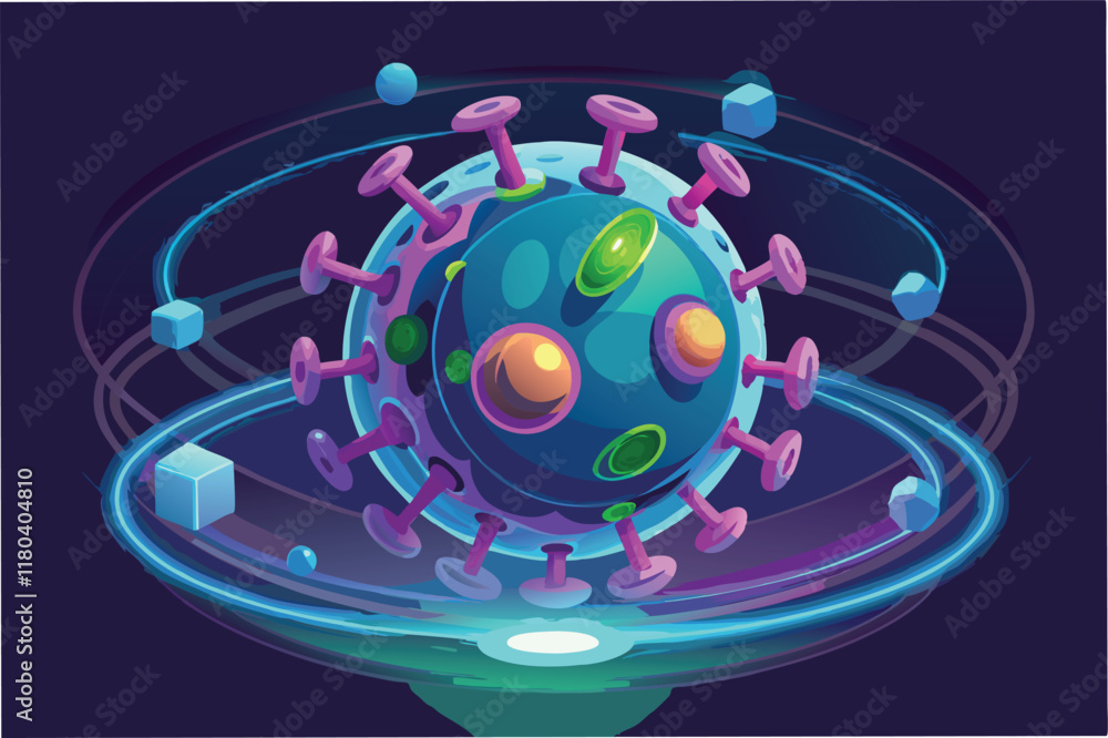 Aufkleber glowing 3D model of the Hantahmpv virus particle rotating slowly with its surface glycoproteins highlighted in futuristic style clipart vector