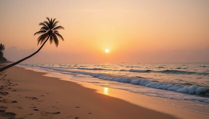 Serene sunset over tropical beach with palm tree silhouette.