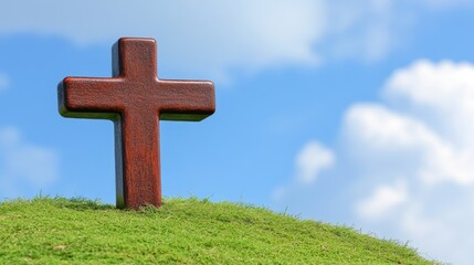 Wooden cross on a grassy hill against a cloudy sky. Possible use Religious imagery.