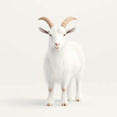 Fototapeta premium A charming white Saanen goat standing confidently, showcasing its fluffy fur and distinctive horns in a neutral background.