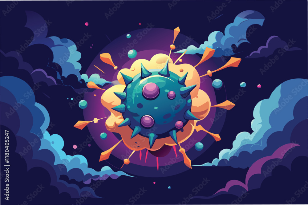 Poster dramatic 3d composition of hmpv virus particles breaking apart revealing luminous core surrounded by