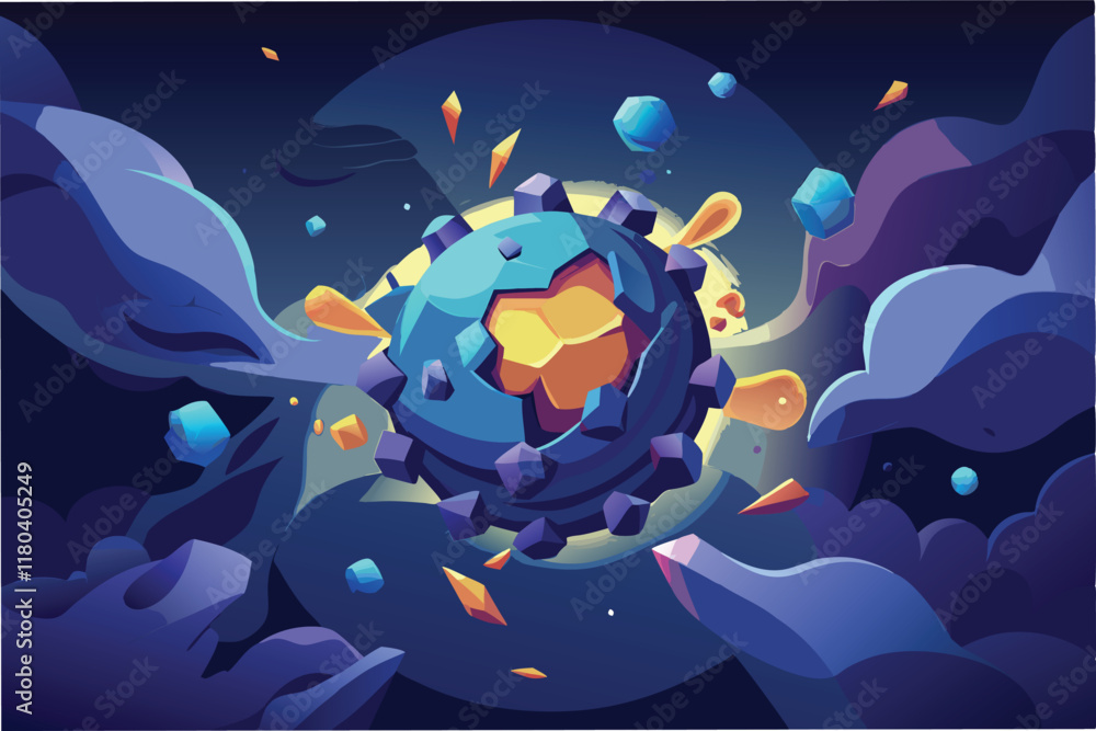Poster dramatic 3d composition of hmpv virus particles breaking apart revealing luminous core surrounded by