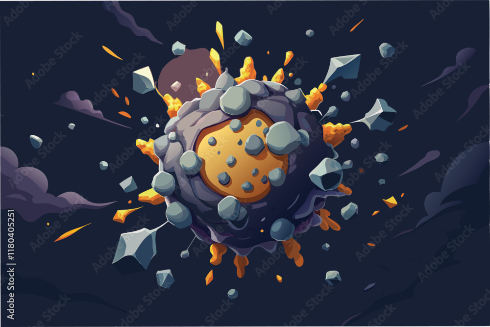 Poster dramatic 3d composition of hmpv virus particles breaking apart revealing luminous core surrounded by