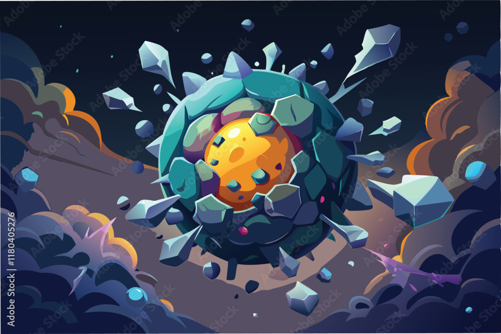Poster dramatic 3d composition of hmpv virus particles breaking apart revealing luminous core surrounded by