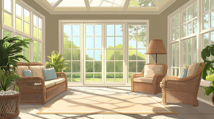 Fototapeta premium Sunlit sunroom with staged furniture, rattan accent chairs, skylight, patio doors. Solarchime. Illustration