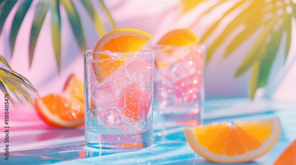 Poster refreshing sparkling water served in bright transparent tumblers on a table creating a vibrant and l