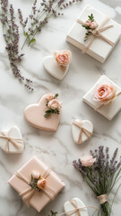 Fototapeta premium A white box with a pink heart on it is surrounded by other white boxes