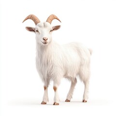 Fototapeta premium A charming white Saanen goat with soft fur and distinct curved horns stands gracefully, symbolizing peace and tranquility in nature.