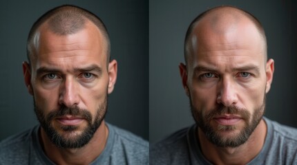 Fototapeta premium Hair Loss, Portrait And Man With Before And After For Results Of Stress, Cancer Or Depression In Men. Bald, Cosmetics And Skin By Scalp With Alopecia For Hairline Transplant