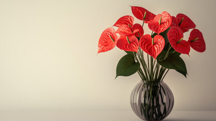 Red Anthurium flowers in a glass vase on a light background.