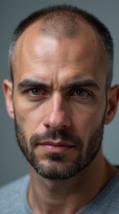 Obraz premium Hair Loss, Portrait And Man With Before And After For Results Of Stress, Cancer Or Depression In Men. Bald, Cosmetics And Skin By Scalp With Alopecia For Hairline Transplant