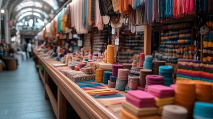 Colorful threads and fabrics fill a bustling market stall, exhibiting a rich tapestry of textures and hues in vibrant, lively patterns.