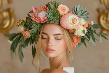 A woman wearing a flower crown with a pink and orange flower