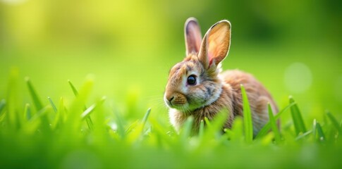 Obraz premium A gentle bunny rabbit is nestled among the soft blades of tall grass, green, bunny, field