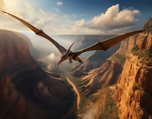 Pterodactyl flying with blurred canyon and sky	