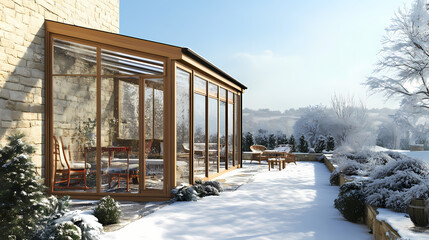 Fototapeta premium Traditional modern sunroom with large windows, wooden furniture on snow-covered terrace and stone-walled garden in winter. Solarchime. Illustration