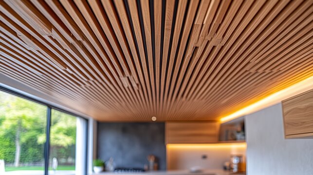 Wood slat ceiling in modern kitchen with garden view.