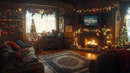 Fototapeta premium Cozy Christmas Living Room with Festive Decorations and Fireplace