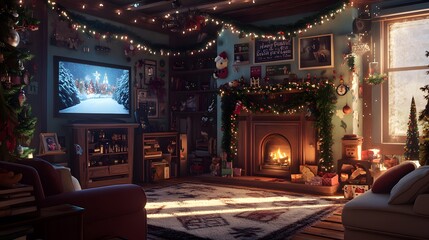 Obraz premium Cozy Christmas Living Room with Festive Decorations and Fireplace