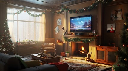 Cozy Christmas Living Room with Festive Decorations and Fireplace