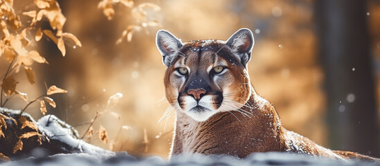 Majestic Cougar in Snowy Forest with Autumn Leaves Background