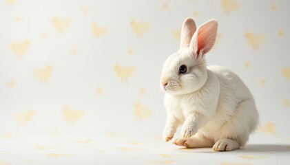 Obraz premium Fluffy Easter bunny hopping on a white chick-patterned background , bunny, clean, innocent
